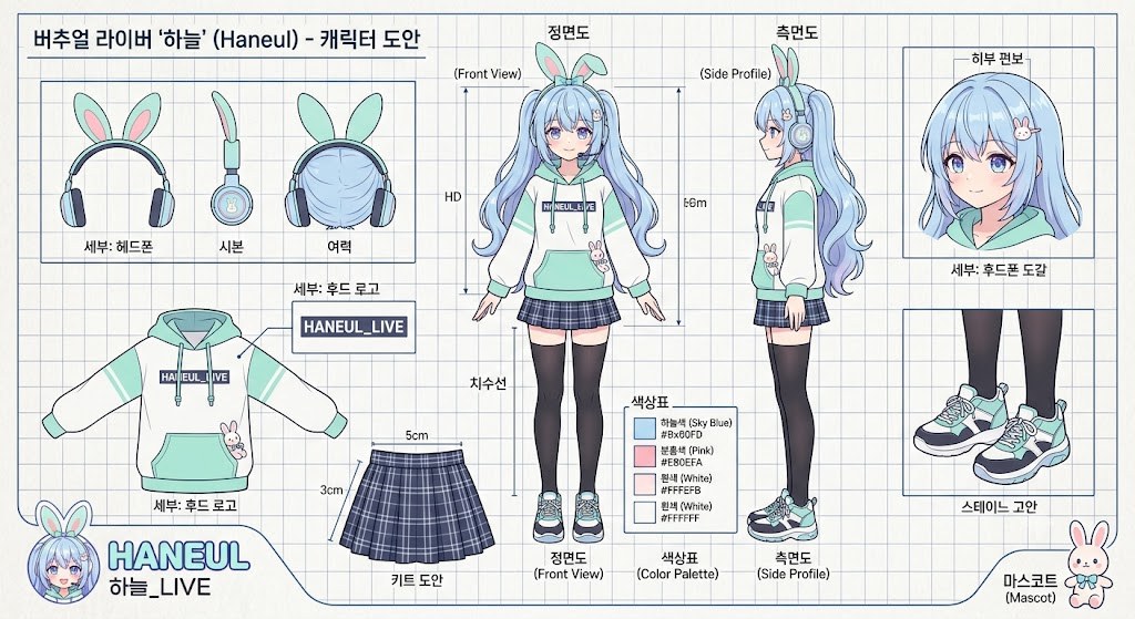 버추얼 라이버 하늘 캐릭터 도안 — 정면도, 측면도, 토끼귀 헤드폰, 후드티, 색상표