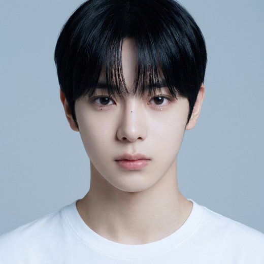 마스터 얼굴 — 정면, 무표정, 흰 티, 회색 배경